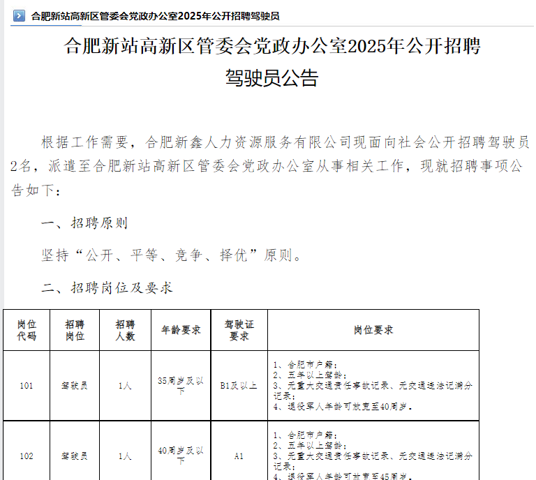 合肥新站高新区管委会党政办公室2025年公开招聘  驾驶员公